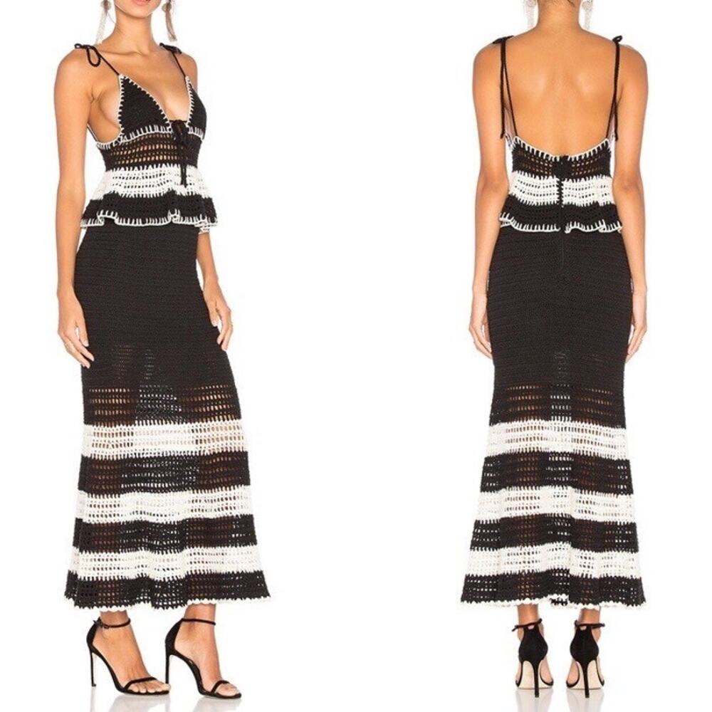 Revolve X NBD Calypso Crochet Maxi Dress in Black & Ivory Small Swim Coverup